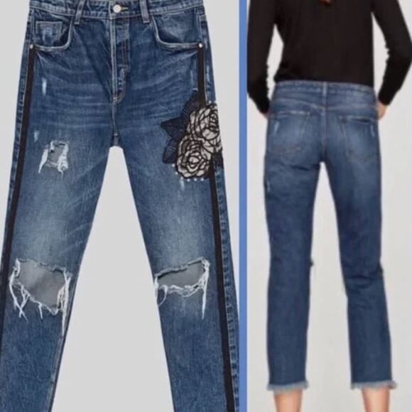 ✨NWT✨ ZARA trf High-Waist Distressed Jeans - Lace/Rhinestones/Pearls - Picture 3 of 16